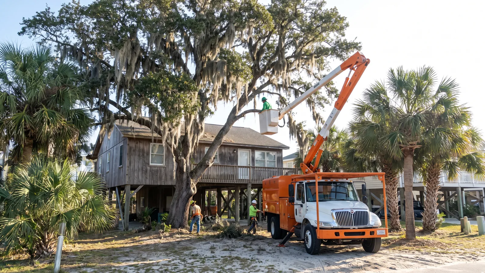 Tree crew in a bucket truck pruning a moss-draped live oak beside a raised beach house with palmettos in Myrtle Beach, South Carolina
