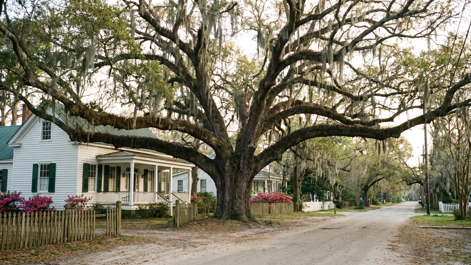 Enormous centuries-old live oak with sweeping limbs and Spanish moss beside a historic white house in Conway