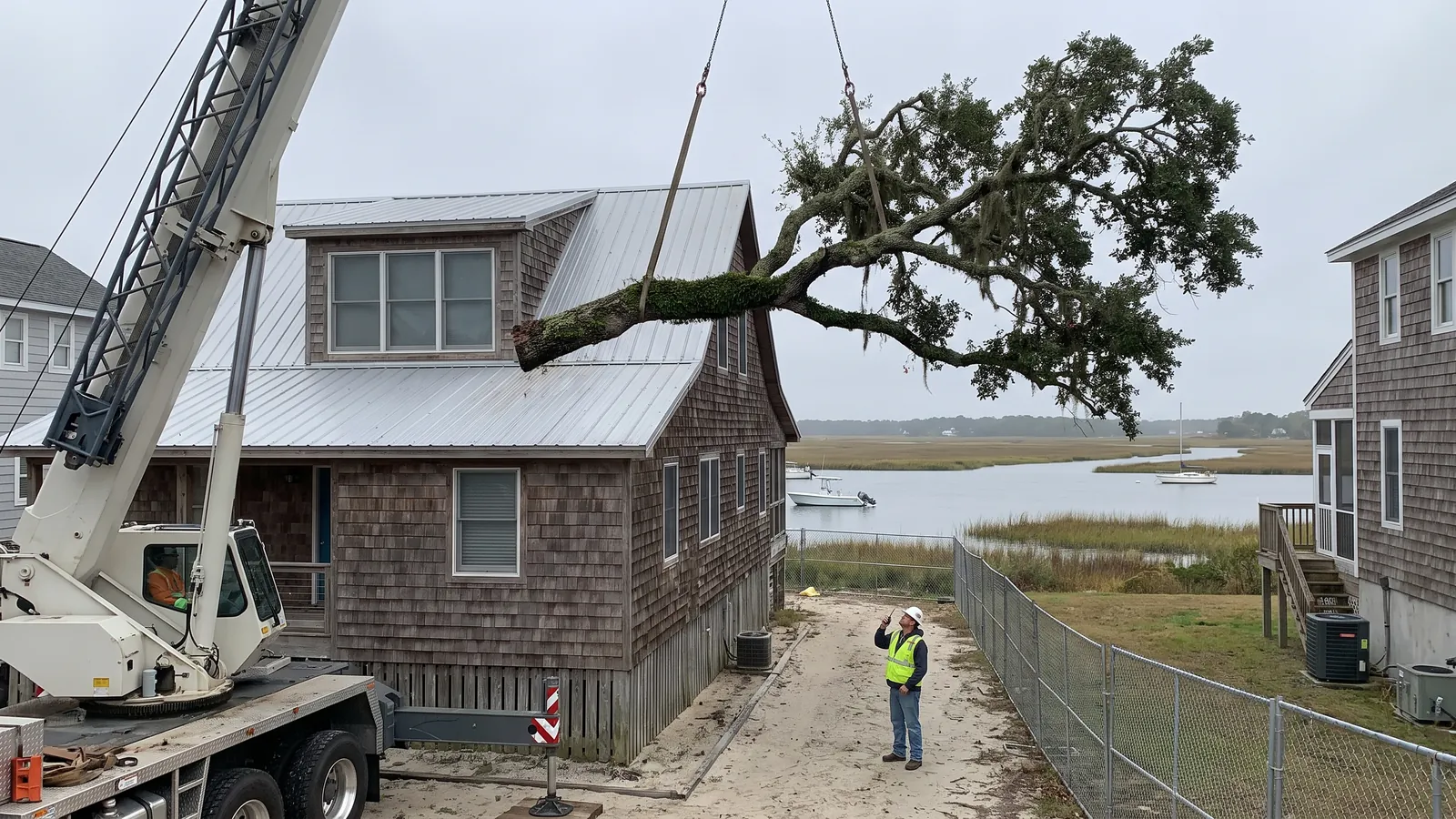Crane lifting a large live oak limb over the roof of a beach house on a tight lot near the Intracoastal Waterway