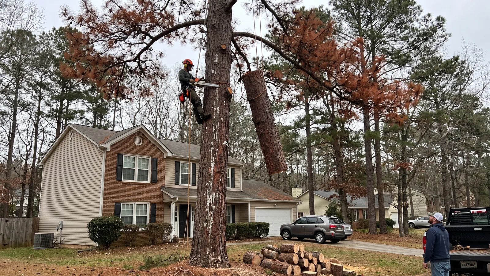 Tall loblolly pine with red-brown dying needles being felled in sections beside a Carolina Forest home