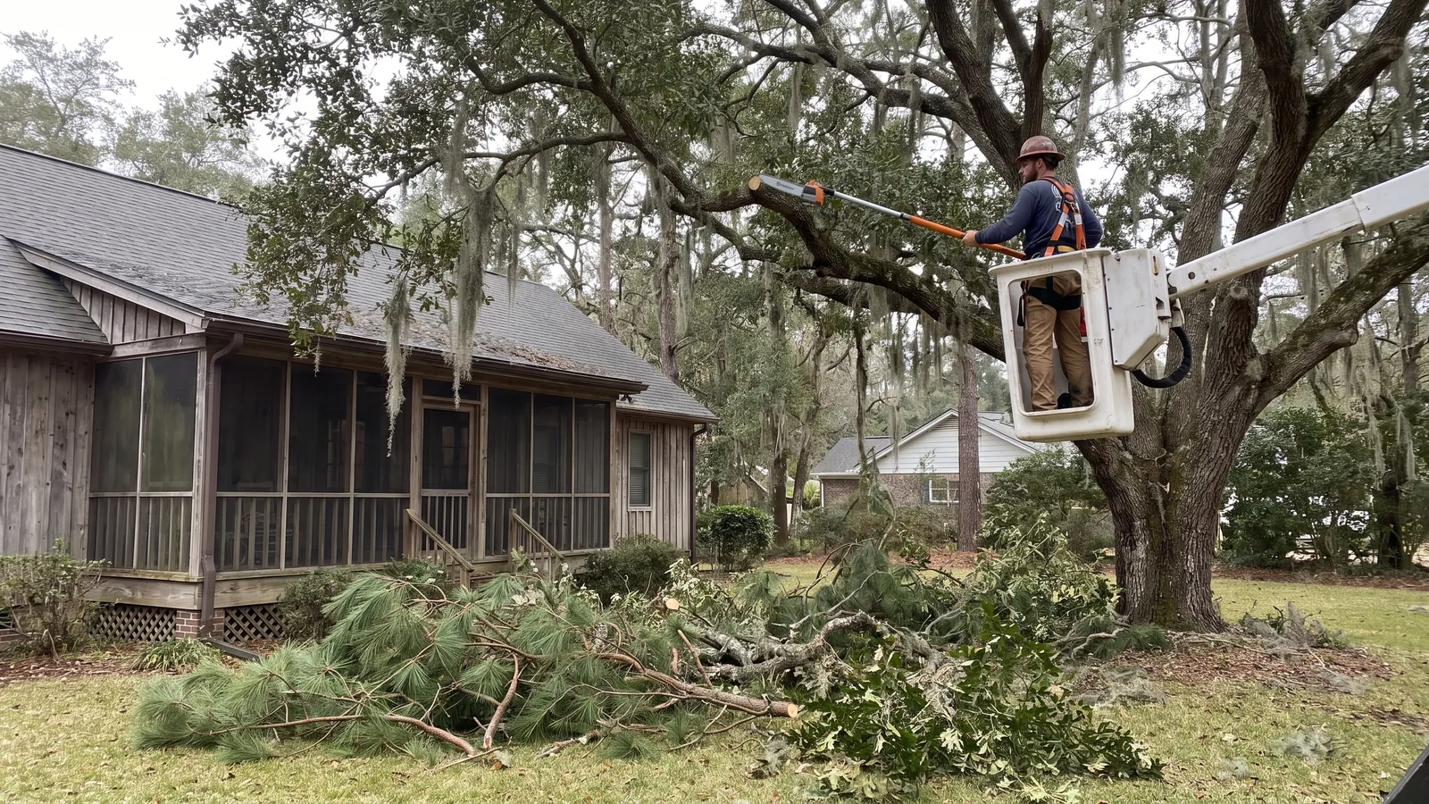 Arborist thinning and raising the canopy of a pine and oak beside a coastal South Carolina home before hurricane season