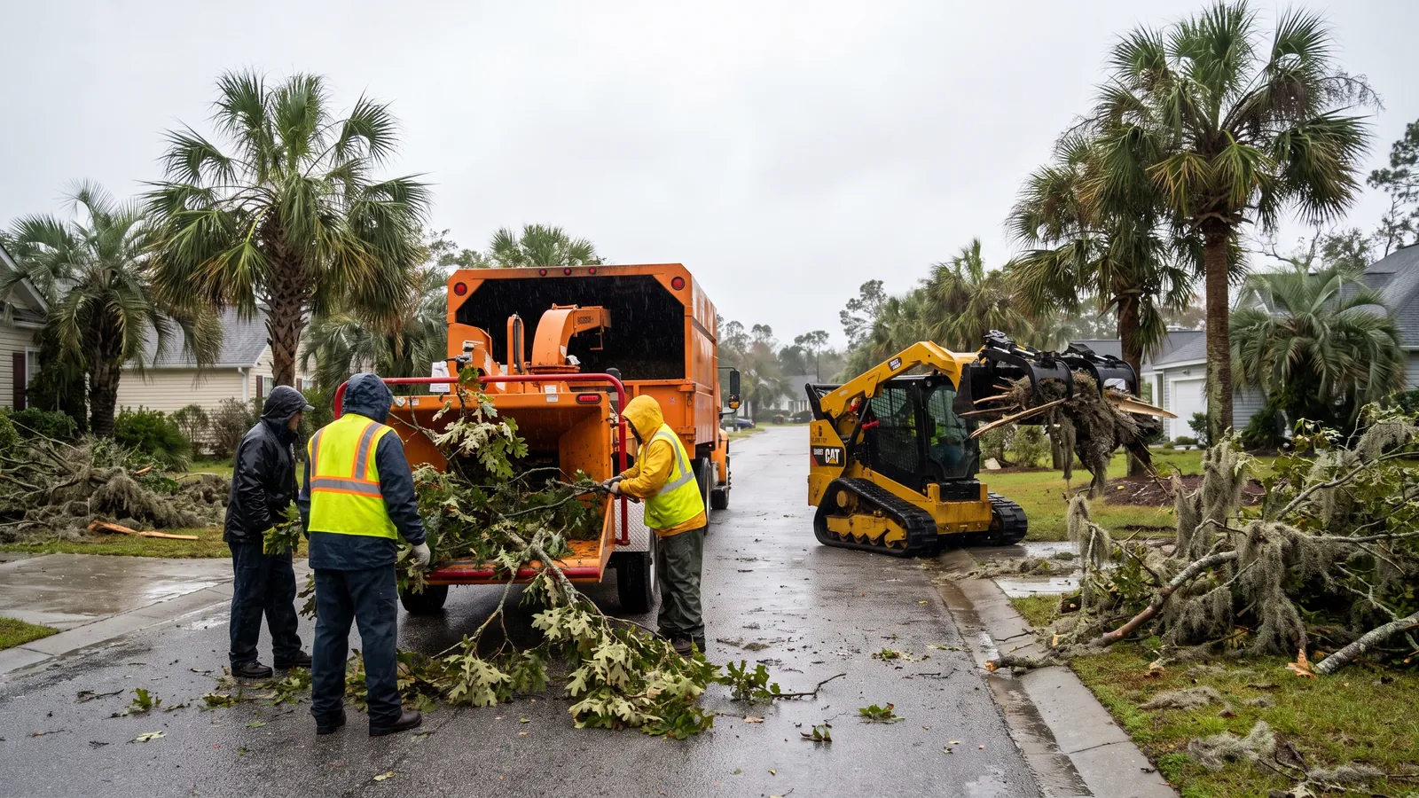 Crew feeding storm-downed oak limbs into a chipper on a palmetto-lined street in North Myrtle Beach after a tropical storm