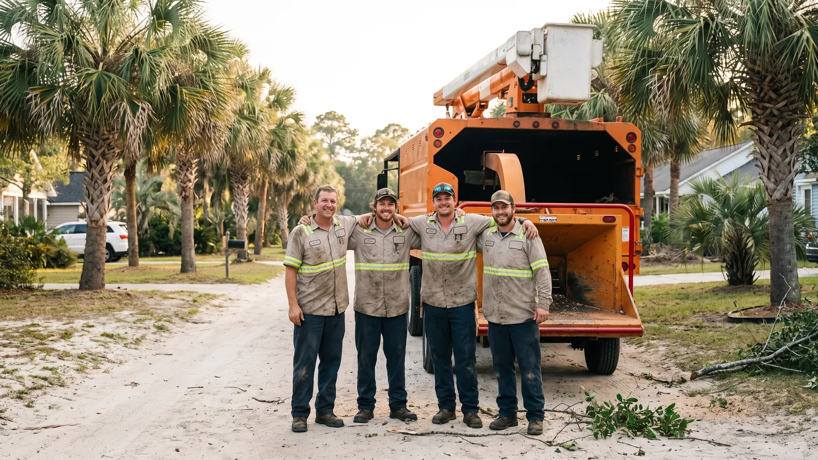 The Myrtle Beach Tree Co. crew with their bucket truck and chipper on a palmetto-lined Myrtle Beach street