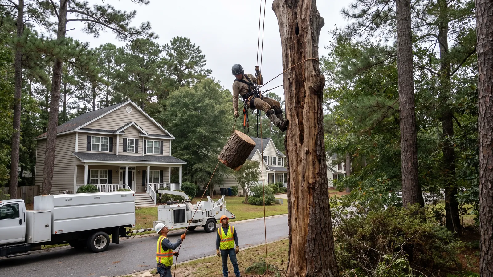 Climber roping down a section of dead water oak trunk beside a two-story home in Carolina Forest